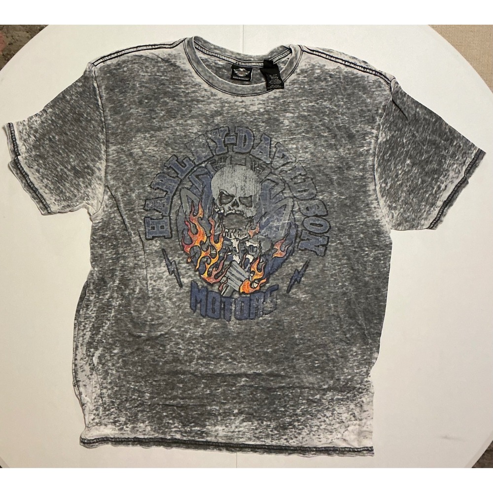Y2K Harley Davidson Gray Skull Flames Burnout Grunge Biker T Shirt Mens 2XL